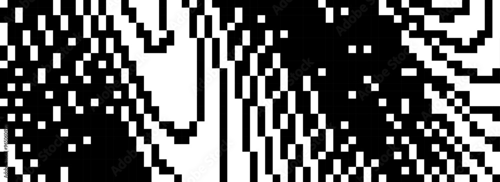 Poster dithered wavy curved line texture. black 8 bit pixel glitch background. digitalized distorted backdr