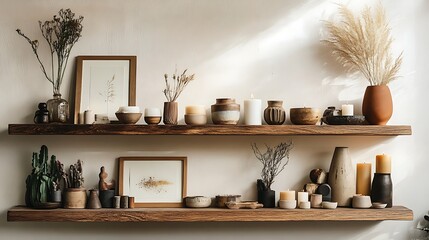 stylish wooden shelf filled with carefully arranged home decor pieces, including candles, framed art, and unique sculptures, set against a soft, neutral wall