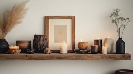 stylish wooden shelf filled with carefully arranged home decor pieces, including candles, framed art, and unique sculptures, set against a soft, neutral wall