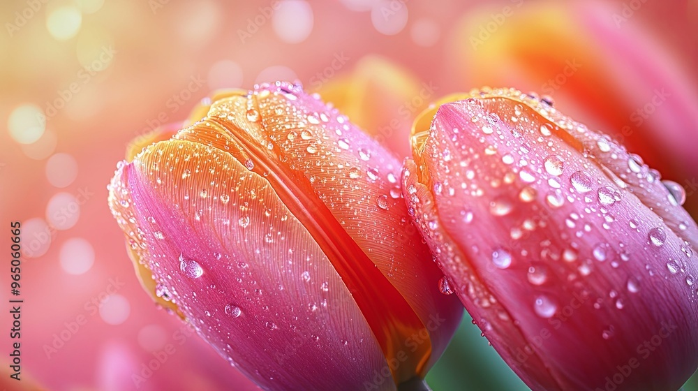 Wall mural close-up of pink tulip petals covered in dew drops