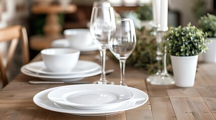 Fototapeta premium A table setting with white plates, wine glasses, and a small potted plant.