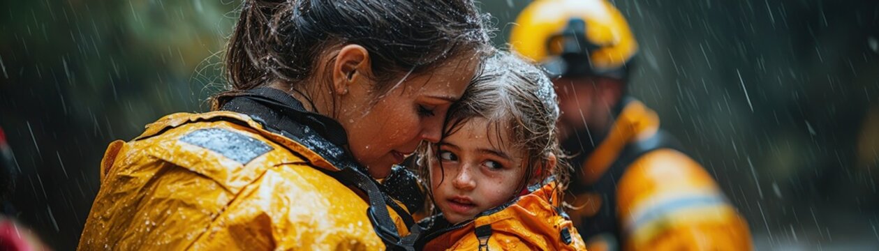 Families reuniting after a disaster, emotional scenes of relief and joy, rescue teams assisting, intense human emotions, high-resolution details of heartfelt moments, dramatic lighting, copy space