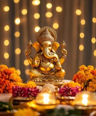 Obraz premium Diwali diya oil lamps with flowers and statue of GANESHA in a meditative pose and holiday background. Creating a festive and decorative composition.