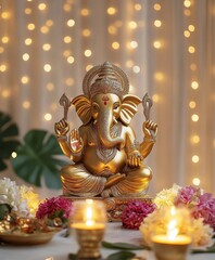 Fototapeta premium Diwali diya oil lamps with flowers and statue of GANESHA in a meditative pose and holiday background. Creating a festive and decorative composition.