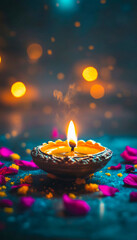 Diwali diya oil lamps with flowers holiday background. Creating a festive and decorative composition.