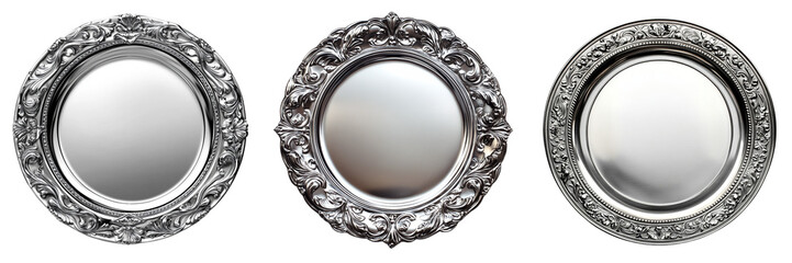 Set of silver plates, beautiful designs within the plates, Isolated on white or transparent background