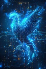 A blue bird with a glowing body and wings