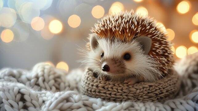 A hedgehog curled up in a knitted scarf with a warm background of lights.