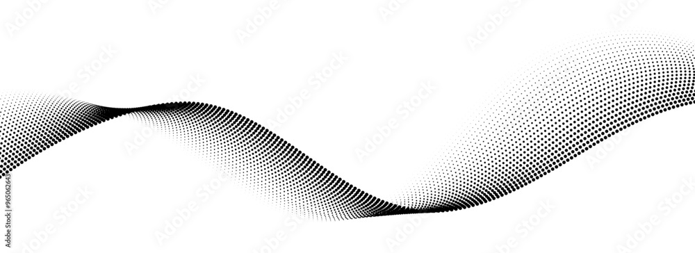 Poster Dotted wave line pattern. Black halftone undulate background. Abstract stipple particle flow wallpaper. Curved dashed gradient net element for poser, banner, presentation, booklet, flyer. Vector
