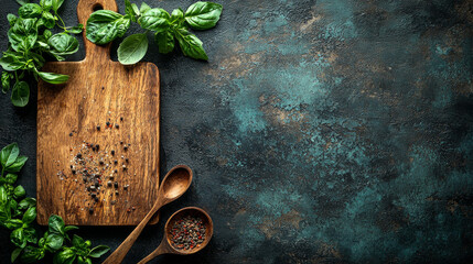 Wooden cutting board with spices and basil.
