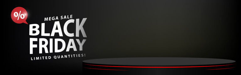 Black Friday sale stage podium product display design on black horizontal background. Vector illustration.