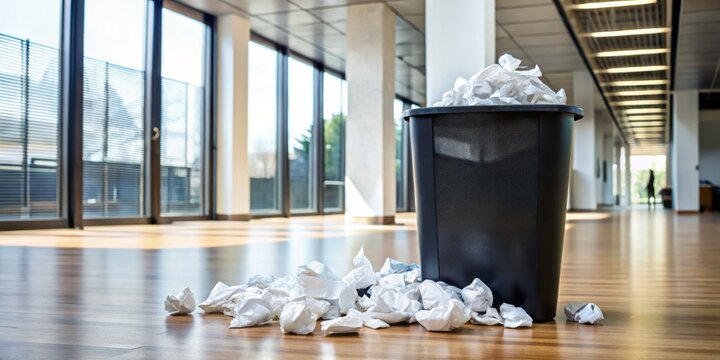 A worn and weathered waste bin on the office floor lies open, its contents of crumpled paper sheets