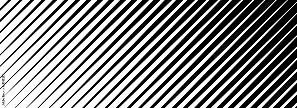 Poster Oblique line halftone gradation texture. Fading diagonal stripe gradient background. Black slant pattern backdrop. Vanishing thin parallel line wallpaper for overlay, print, cover. Vector