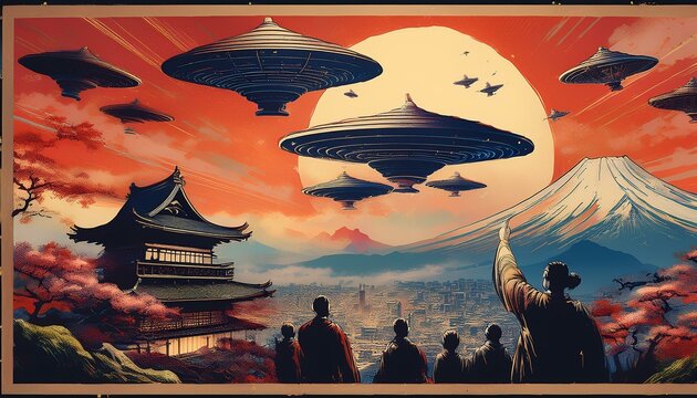 UFOs flying in formation over Kumamoto Castle during the Edo period.