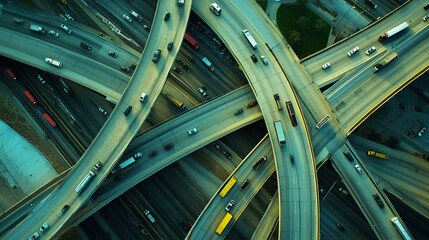 A busy highway interchange with cars, buses, and trucks moving in different directions