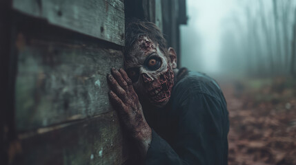 A rotting zombie monster with its flesh peeling off, hiding behind a rotting barn door, with broken wooden panels and a foggy.