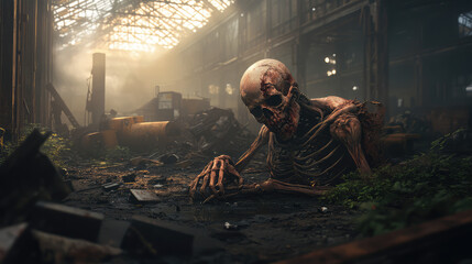 Fototapeta premium A skeleton is laying on the ground in a dark, dirty environment