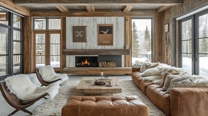 Cozy Living Room with Fireplace, Wooden Beams, and Fur Throws