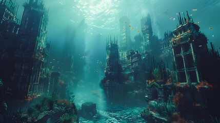 Fantasy Underwater Seascape with lost city 