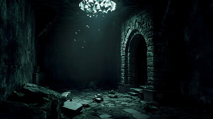 dark, enigmatic room, with a hole above that lets stones fall, the quiet sound of each impact breaking the heavy silence that fills