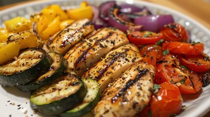 Grilled chicken and vegetables, including peppers, zucchini and tomatoes, on a white plate.