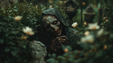 A skeleton in a hooded cloak is lying in a field of flowers