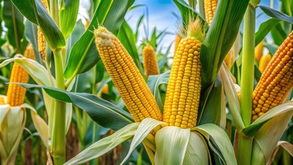 Corn plant's anatomy on display: a rigid stalk supports lush green leaves, topped by golden tassels and swaddled