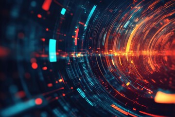 A vibrant digital tunnel showcasing dynamic lights and abstract patterns, perfect for technology and futuristic themes.