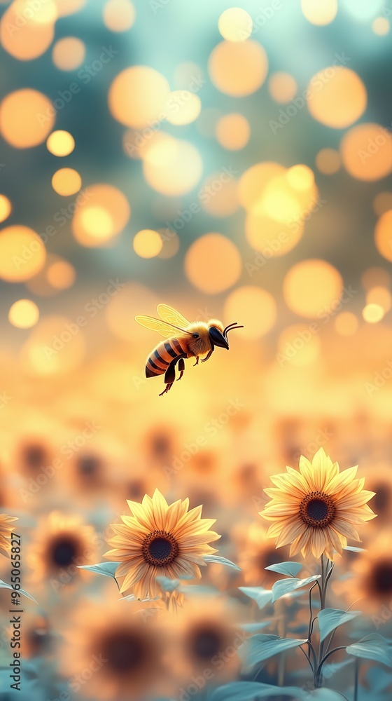 Sticker Honey Bee in a Field of Sunflowers.