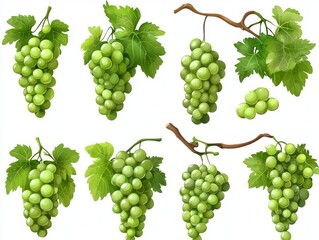 Green grapevines collection, set of juicy grapes isolated on a transparent background - ai