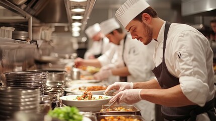 Chef plating food in a professional kitchen setting