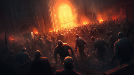 A group of zombies are walking through a burning building