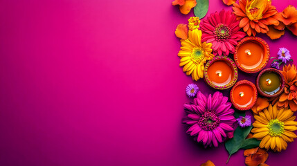 Diwali diya oil lamps with flowers holiday background. Creating a festive and decorative composition.