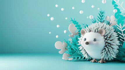 A cute white hedgehog with blue eyes in a wintery scene with teal plants and white snowflakes.