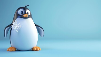 Obraz premium A cute cartoon penguin holding a snowflake on a blue background.