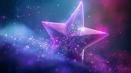 A sparkly, pink star in a dark blue and pink background with sparkles and bokeh.