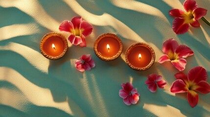 Naklejka premium Diwali diya oil lamps with flowers holiday background. Creating a festive and decorative composition.