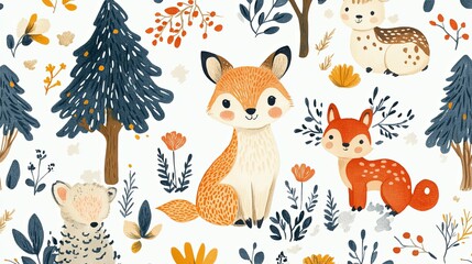 Watercolor Illustration of Forest Animals and Plants