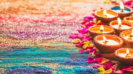 Diwali diya oil lamps with flowers holiday background. Creating a festive and decorative composition.