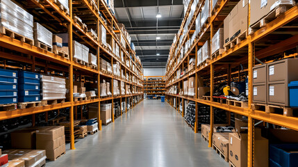 A spacious auto parts warehouse showcases neatly arranged shelves filled with diverse automotive inventory providing clear pathways for easy access and inventory management