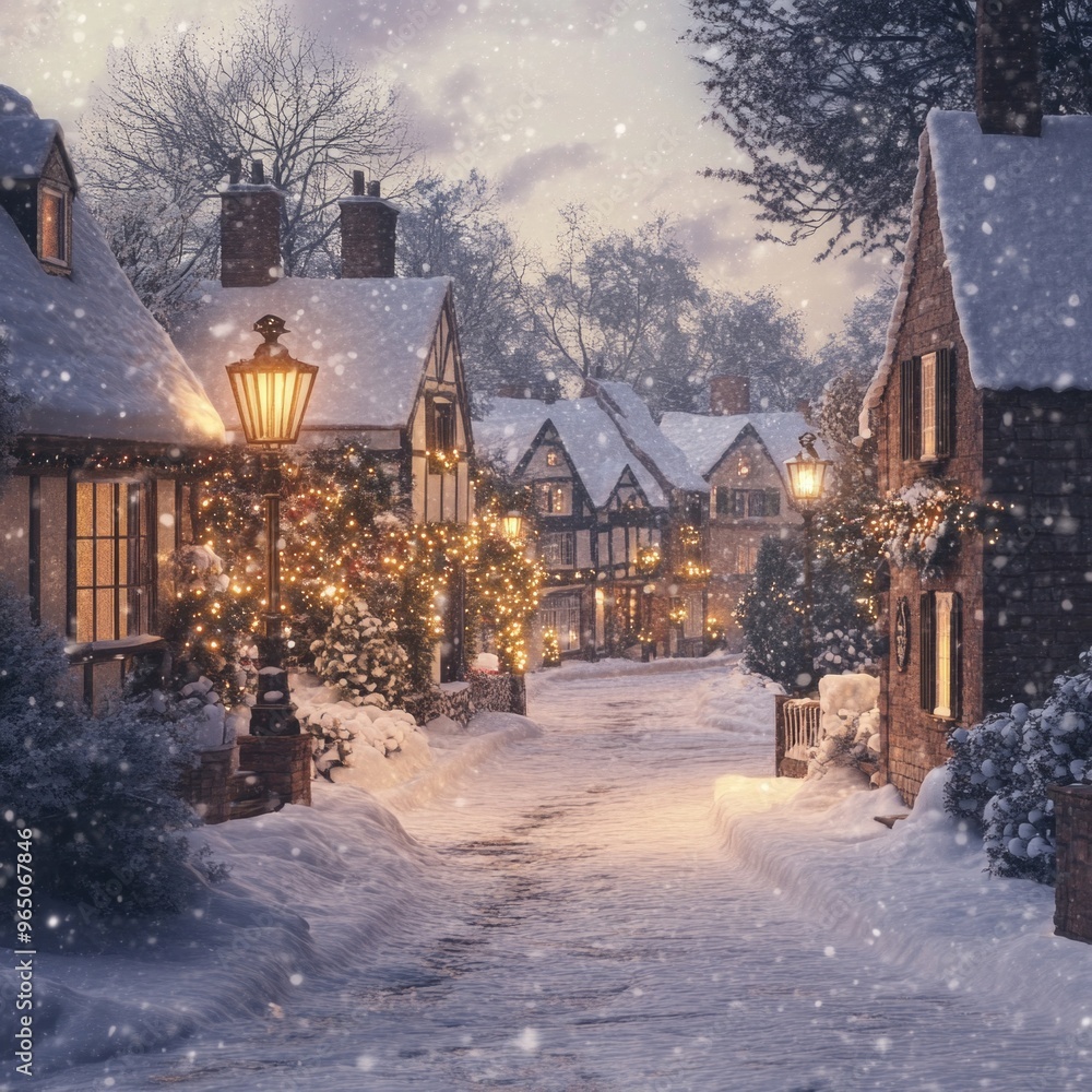 Wall mural Render a nostalgic Christmas background with a quaint village street, AI Generative