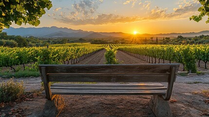 A Wooden Bench Overlooking Vineyards at Sunset