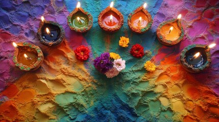 Diwali diya oil lamps with flowers holiday background. Creating a festive and decorative composition.