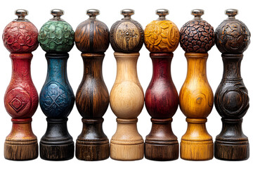 A collection of wooden pepper mills showcasing various intricate designs and finishes, arranged aesthetically together.
