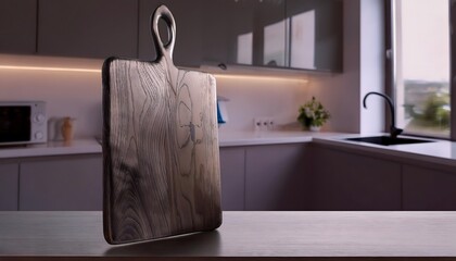 Vintage wooden cutting board on wooden table in studio scene.
