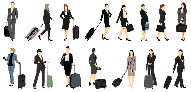 group  collection of Businesswomen with lugage isolated on white