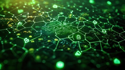 Obraz premium Glowing Green Futuristic Digital Network Abstract Molecular Structure Backdrop