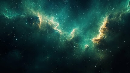 A Deep Space Nebula with Green and Yellow Glowing Gas Clouds