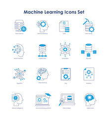 Vector icon set for Advanced Machine Learning and Data Science Tools. A set of icons showcasing key elements like data processing, AI-driven platforms, task automation, and neural networks.
