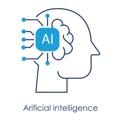 Vector icon for Artificial intelligence. A head with an AI chip, representing the integration of technology and cognitive processes in blue and white minimalist style.